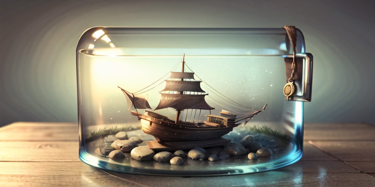 bottle, ship in a bottle,water, submerged, no humans, air bubble, ship, <lora:bottle_locon_v2m:0.7>